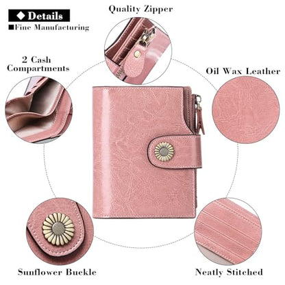 FALAN MULE Small Wallet for Women Leather Bifold Compact Small Womens Wallet with RFID Blocking - color: Pink