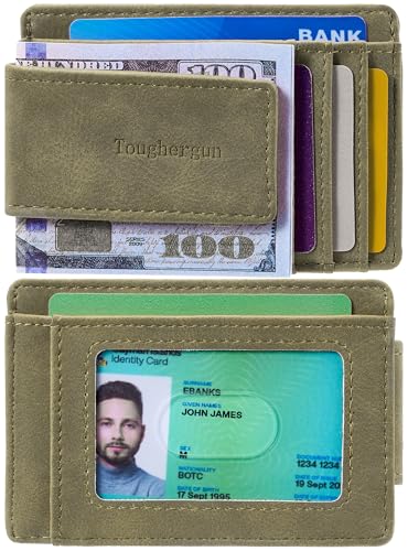 Toughergun Slim Wallet for Men RFID Blocking Money Clip, Minimalist Front Pocket Credit Card Holder, Magnetic Thin Mens Wallets with ID Window - color: Grass Green