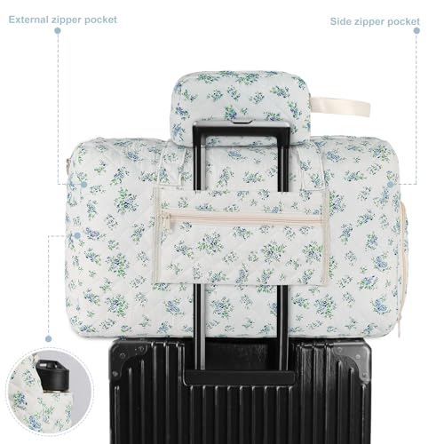 Quilted Floral Duffle Bag for Women Weekender Overnight Travel Bag - color: Cyan Print