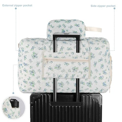 Quilted Floral Duffle Bag for Women Weekender Overnight Travel Bag - color: Cyan Print