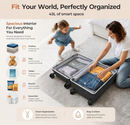 20 Inch Ride On Luggage for Kids, Carry On Suitcase with Foldable Child Seat, Hard Shell Travel Luggage with 360° Spinner Wheels & TSA Lock for Family Airplane Trips - color: Black