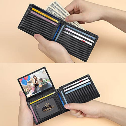 RUNBOX Wallet for Men -Slim Rfid Leather Mens Bifold Novelty Wallets 2 ID Window With Gift Box Men's Accessories - color: Carbon black