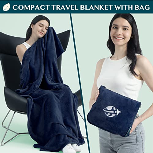 PAVILIA Compact 2-in-1 Travel Blanket Pillow for Airplane Flight, Navy Blue - color: Navy
