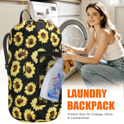 Laundry Backpack Portable Travel Laundry Bags with Straps and Mesh Pocket - color: Sunflower, size: 2 Pack