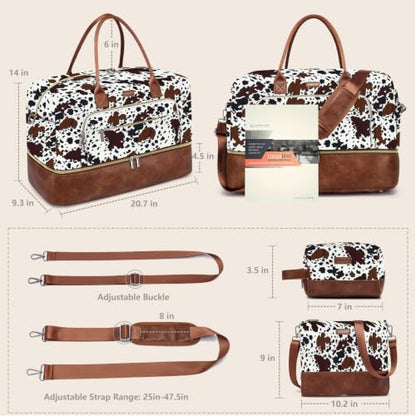 Large Women Travel Weekender Bag: Carry on Duffle with Shoe Compartment - color: Brown Cow Print