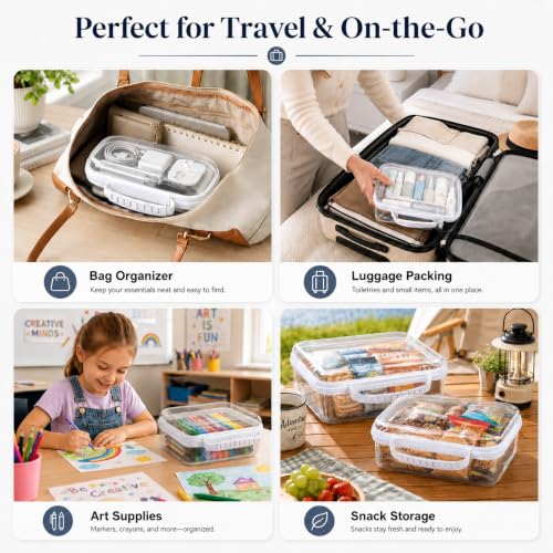 Clear Hard Shell Zipper Case 3PCS Set, 1.2mm PET Travel Organizer | Deep waterproof stackable storage pouches with handle. Heavy duty clear zipper bags for travel, makeup, toys and snacks - color: White