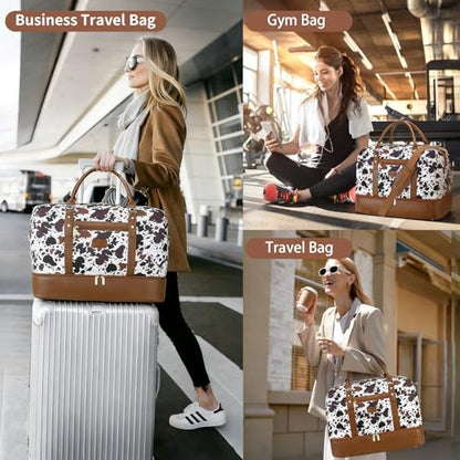 3PCS Weekender Bags for Women Large Overnight Bag, Brown Cow - color: Brown Cow