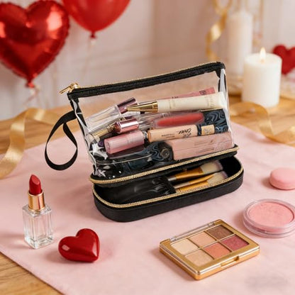 Clear Makeup Bag with Brushes Compartment Travel TSA Approved Toiletry Bag - color: 01-leather black clear