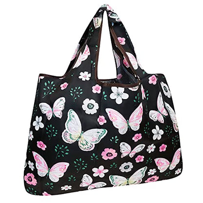 allydrew Large Foldable Tote Nylon Reusable Grocery Bags, Midnight Butterfly - color: Midnight Butterfly
