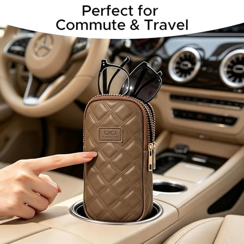 KINIVA Double Eyeglass Case for Men Women, 2-in-1 PU Dual Sunglasses Case, Scratch-Proof Travel Eyeglass Holder for Purse Car - style: Brown Lozenge