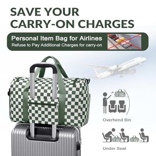 WOOMADA Foldable Travel Duffel Bag for Women, Weekender Bags with Shoes Compartment,Overnight Bag with Wet Pocket & Trolley Sleeve(green checkerboard) - color: green checkerboard