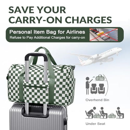 WOOMADA Foldable Travel Duffel Bag for Women, Weekender Bags with Shoes Compartment,Overnight Bag with Wet Pocket & Trolley Sleeve(green checkerboard) - color: green checkerboard