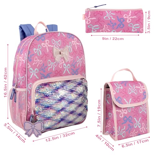 Trail maker 16.5 Inch Girls School Backpack 6 in 1 Set with Lunch Bag, Pencil Case, Keychain, Bracelet, Carabiner Clip Attached (Bows & Sequins) for Travel, Commute - color: Bows & Sequins
