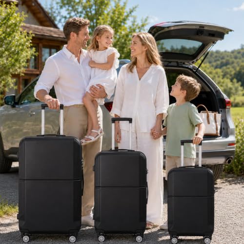 3-Piece ABS Hardshell Luggage Set, Lightweight Durable Suitcases with 4 Silent Spinner Wheels, TSA Lock & Scratch-Resistant Surface, 20"/24"/28", Black - color: Black+Solid