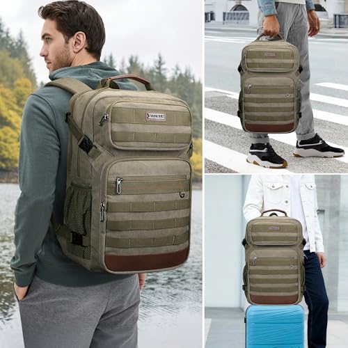 WITZMAN Canvas Travel Backpack for Men Multiple Pockets - color: Army Green