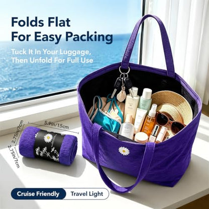 CYD Everyday Tote Bag for Women, Beach Bag with Shoulder Strap, Soft Cute Summer Tote, Beach Days, Weekend Use, and Errands - color: Carbon Black & Soft Lilac