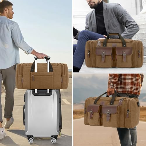 Canvas Duffle Bag for Men - 50L Expandable Travel Duffel Bags - color: Coffee, size: Large-50L