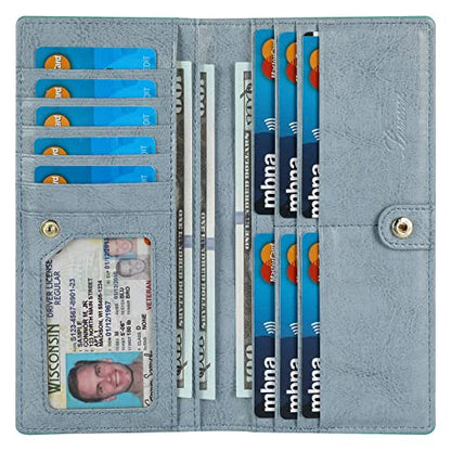 Lavemi Ultra Slim Thin Leather Women Wallet RFID Blocking Credit Card Holder Bifold Long Ladies Billfold - color: 1-waxed Light Blue