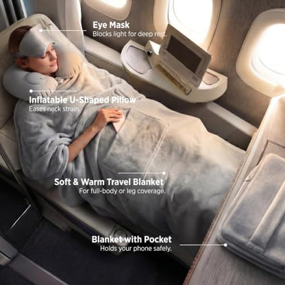 Bedsure Travel Blanket Set with Inflatable Neck Pillow and Eye Mask, Grey | 3-In-1 Airplane Blanket, Packable, Lightweight, Compact Travel Essentials, Travel Gifts for Long Flight and Flying - color: Grey