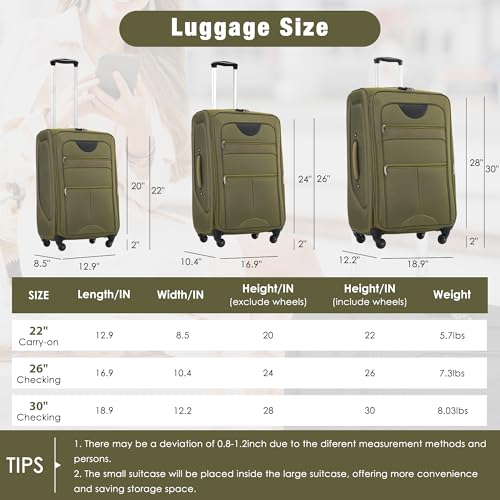 Merax Softside Luggage Set 3 Piece Suitcase with Duffel Bag Spinner Wheels - color: Army Green(22/26/30+bags), style: Softside Luggage Set