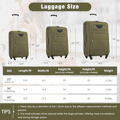 Merax Softside Luggage Set 3 Piece Suitcase with Duffel Bag Spinner Wheels - color: Army Green(22/26/30+bags), style: Softside Luggage Set