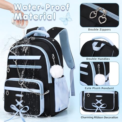 GeeWin Backpacks for Girls, Girls Backpack with Lunch Box & Pencil Case Set - color: Black Blue
