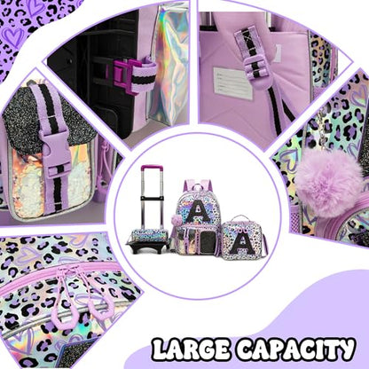 Meetbelify 3 in 1 Backpack with Wheels for Girls Rolling Letter Backpack Cute Carry on Backpack Kids Luggage with Lunch Box Pencil Case for Elementary Student - color: Purple Leapoard