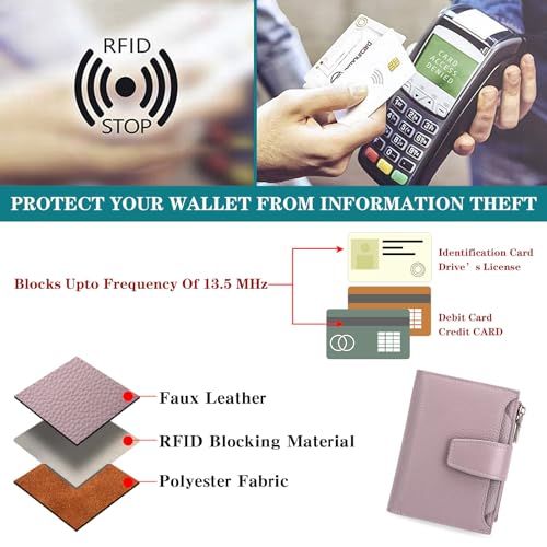 FALAN MULE Small Wallet Women RFID Blocking Leather Bifold Compact Card Holder Wallet with Zipper Coin Pocket - color: Light purple