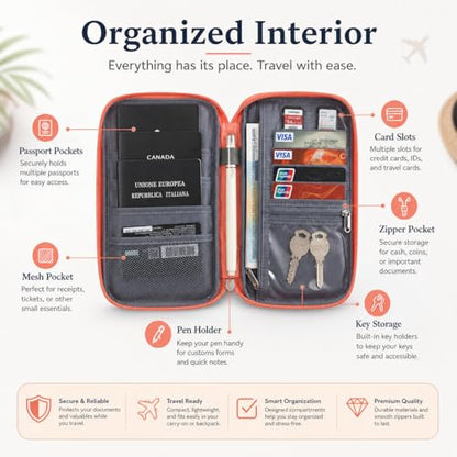Travel Document Organizer with RFID, Family Passport Holder, Wallet for Women & Men, Portable & Waterproof Case for Cards, Boarding Pass, Tickets with Zipper ﻿