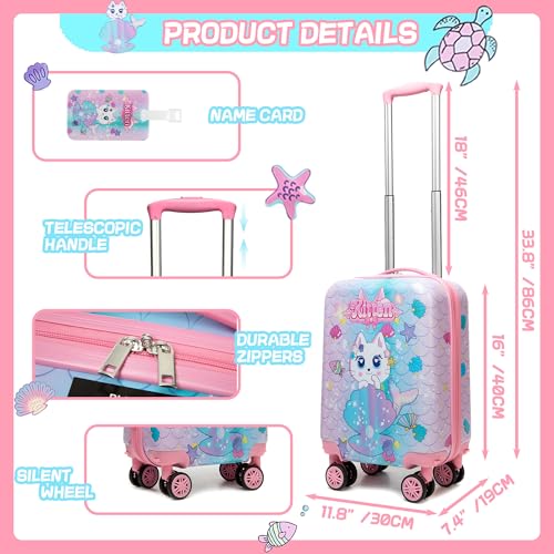 Cute Cat Kid's Luggage Set: 2 Piece Hardside Spinner Wheels Suitcase Set, 16' Airline Approved, Pink Cat Pattern, Ages 5+ - color: Cat Pink