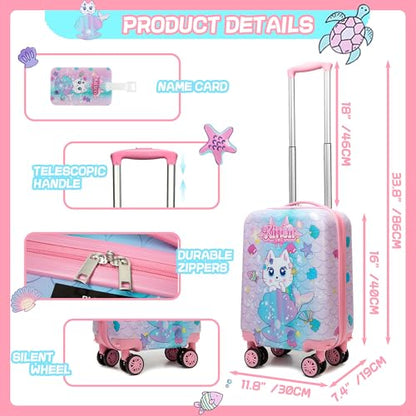 Cute Cat Kid's Luggage Set: 2 Piece Hardside Spinner Wheels Suitcase Set, 16' Airline Approved, Pink Cat Pattern, Ages 5+ - color: Cat Pink