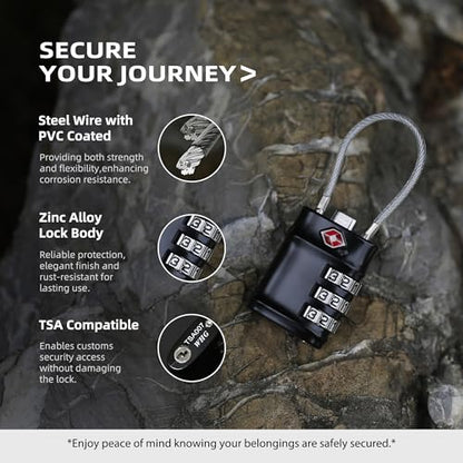 Luggage Locks TSA Approved Travel Essentials, TSA Locks for Luggage, 3 Digit Combination Padlock with Code, Combo Small Padlock for Suitcase, Backpack, Bag Zipper, Locker, Gun Case, 1-Pack - color: Black, style: Flexible Cable