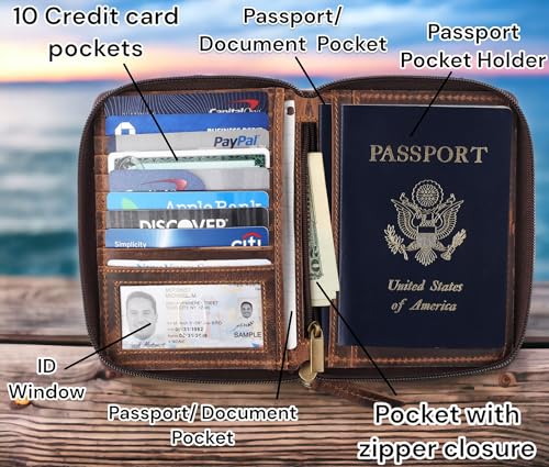 Passport Wallet - Travel Document Holder w/RFID Blocking – Full Grain Leather – Bifold compact zip around Wallet with Credit Card Slots for Women and Men,distressed brown,500-30 - color: distressed brown, style: Solid