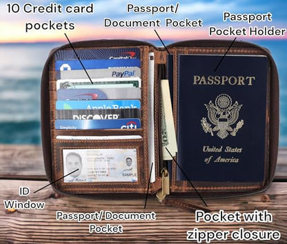 Passport Wallet - Travel Document Holder w/RFID Blocking – Full Grain Leather – Bifold compact zip around Wallet with Credit Card Slots for Women and Men,distressed brown,500-30 - color: distressed brown, style: Solid