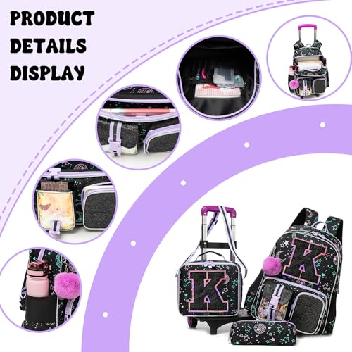 HTgroce Cute Rolling Backpack with Wheel,School Backpack for Kids Girl Roller Schoolbag Wheeled Backpacks Set Carry-on Luggage,Black K - color: Black, style: K