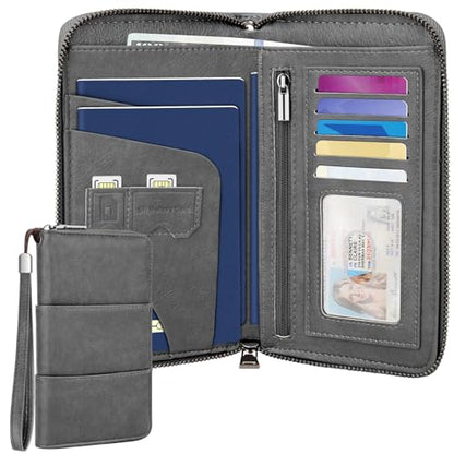 RFID Family Passport Holder Wallet - Travel Document Organizer | PU Leather, with Wristlet, Zipper, Cards, Boarding Pass, ID, Cash, Ticket Pockets,Travel Essentials Gifts for Women Men - color: Grey