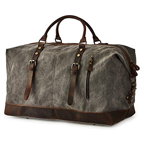 Oversized Canvas Genuine Leather Trim Travel Tote Duffel Shoulder Weekend Bag Weekender Overnight Carryon Handbag - color: Grey