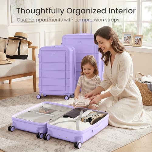 SHOWKOO G-Series Luggage set 3pcs, 100% PC Durable Hardshell Suitcase - color: Lavender Purple, size: 3-Piece Set (20/24/28in)