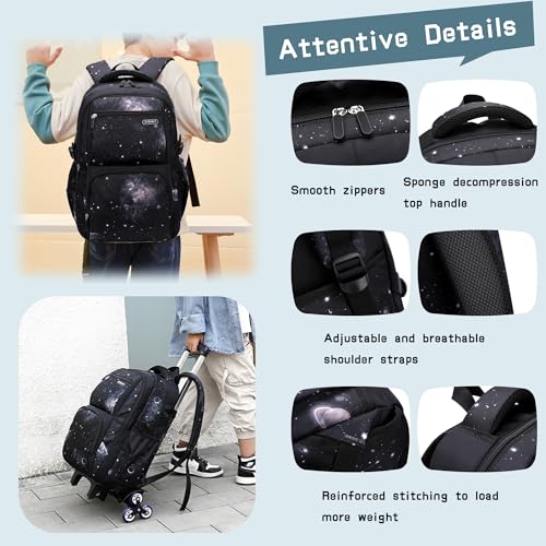 3Pcs Galaxy Boys Rolling Backpack Set with Lunch Bag, Galaxy Print Kids Backpack for Boys with Wheels - color: 3pcs-galaxy-black