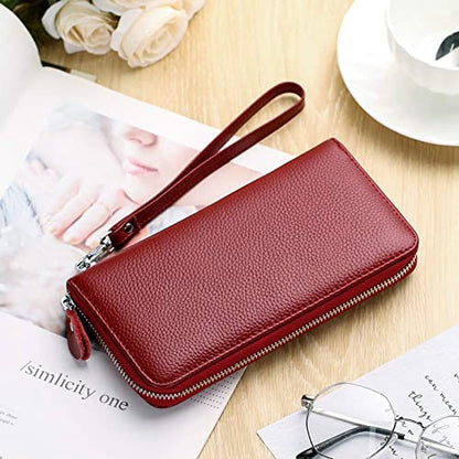 Moflycom Womens Wallet RFID Blocking Genuine Leather Zip Clutch Wristlet - color: Deep Red