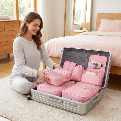 8 Piece Travel Organiser Set, Comprising a Toiletries Bag, Shoe Bag, Underwear Bag, Flat Pouch, Travel Packing Cube Bag (Pink, Medium) - color: Pink