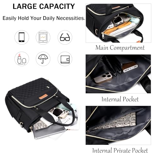 Medium Tote Bag for Women with Multi Pockets, Quilted Top Handle Purse Crossbody Shoulder Bag Handbag - color: Black