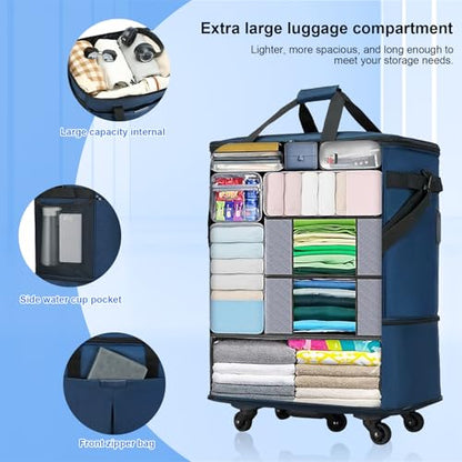 Large Capacity Rolling Duffle Bag,Expandable Foldable Suitcase for Travel,Collapsible Luggage Duffel Overnight Weekend Bags without Telescoping Handle - color: Blue