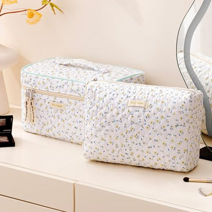 HBselect Quilted Makeup Bag, 3Pcs Cotton Large Travel Makeup Bags Organizer - color: A-3PCS-Yellowflower