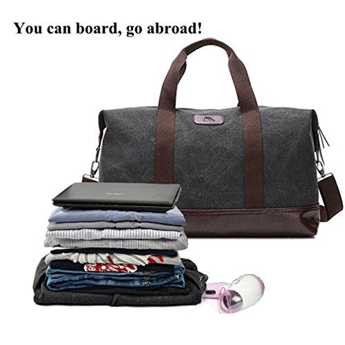 Sunshinejing Classic Weekender Overnight Duffel Bag Canvas Leather Carry on Travel Tote (Black) - color: Black