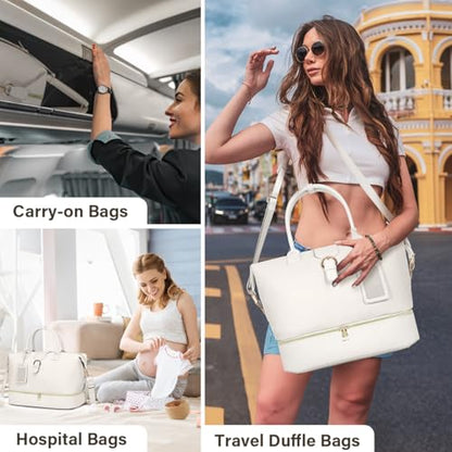Leather Weekender Bags for Women, Travel Duffel Bag PU Overnight Bag Carry On Tote Bag with Shoe Compartment Wet Pocket - color: White, size: Large