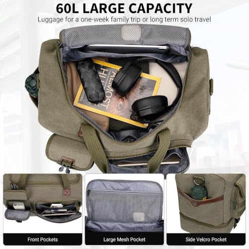 WITZMAN Duffle Bag for Men 60L Travel Canvas Weekender with Toiletry Bag - color: Army Green