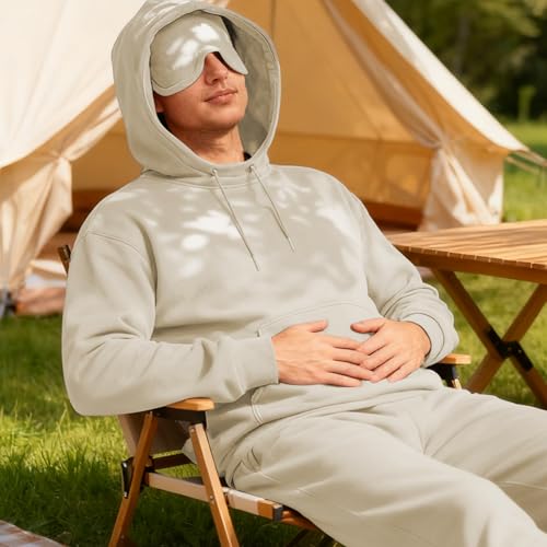 Ainangua Mens Oversized Pullover Essentials Hoodie with Eye Mask Built In Comfor Airplane Mode Travel Sleep Wearable Blanket - color: Khaki, size: Small