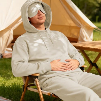 Ainangua Mens Oversized Pullover Essentials Hoodie with Eye Mask Built In Comfor Airplane Mode Travel Sleep Wearable Blanket - color: Khaki, size: Small