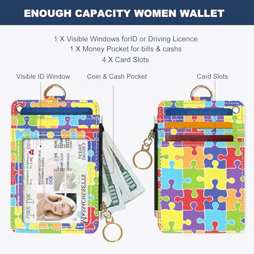 Slim Wallet Credit Card Holder, Jigsaw Puzzle, RFID Wallet Women Cute Small Front Pocket Wallet With Zipper, PU Leather Thin travel RFID Blocking Card Case ID Window,Ladies Gifts - color: Jigsaw Puzzle